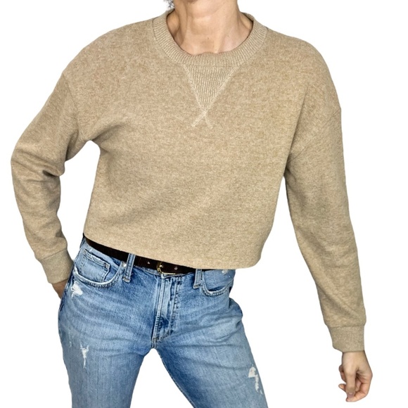 Zara cropped boxy tan brown long sleeve drop shoulder pullover sweater top M - Picture 1 of 9